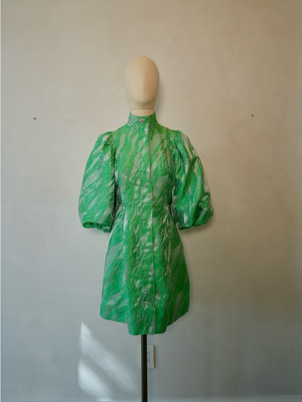 Ganni Emerald Green Patterned Puff Sleeve Mini Dress